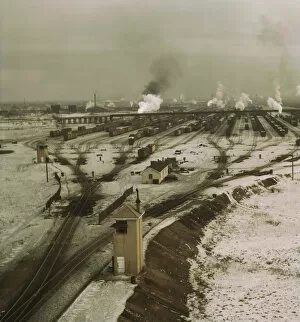 General view of the hump, Chicago and North Western railroad classification yard, Chicago, 1942. Creator: Jack Delano
