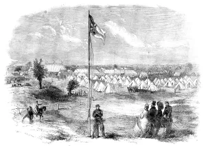 Flagpole Prints: General view of the volunteer camp on Ascot Heath, 1862. Creator: Unknown