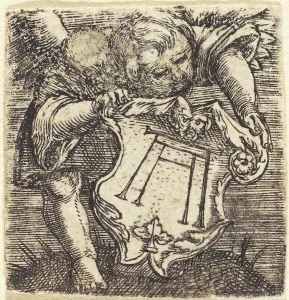 Letter A Prints: Genii with Altdorfer's Schram, c. 1520. Creator: Albrecht Altdorfer