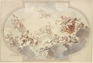 Cupid Prints: Many genii and Bacchantes float in clouds, early-mid 18th century. Creator: Jacob de Wit