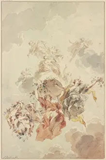Heaven Prints: Genii and cupids grouped around a basket of flowers ascending towards heaven