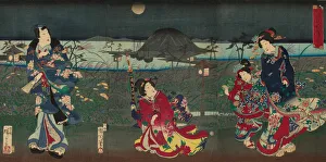 Oban Triptych Prints: Genji Drawn in Different Styles: View of Akashi Bay (Kakiwake Genji, Akashi ura no kei)