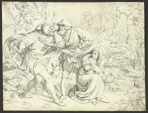 Killer Prints: Genoveva's Murderers Take Pity, c. 1830. Creator: Joseph Ritter von Führich