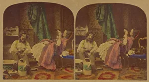 Joseph John Elliott Prints: Genre scene: man with bushy moustache seated bathing feet of woman seated reading a book