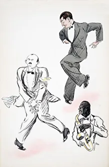 Two gentleman in black tie dancing to jazz, played by a musician on the saxophone Two gentleman in black tie dancing to jazz, played by a musician on the saxophone