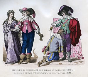 Images Dated 28th May 2009: A gentleman leading a country bride, 1636, and Louis XIII creating a knight