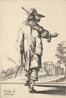 A gentleman, seen from behind, with his right arm outstretched
