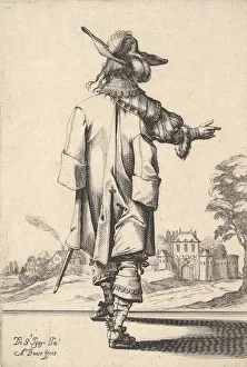 Pointing The Way Prints: A gentleman, seen from behind, with his right arm outstretched