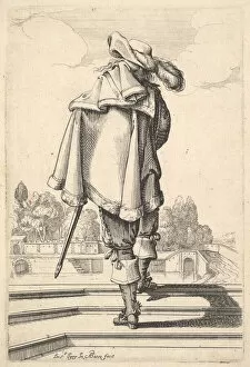 A gentleman, seen from behind, walking up a parapet, with a cloak over his left shoulder