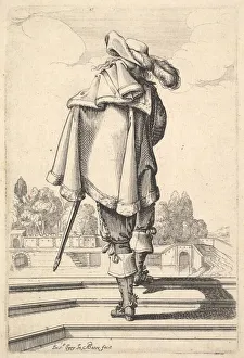 A gentleman, seen from behind, walking up a parapet, with a cloak over his left shoulder A gentleman, seen from behind, walking up a parapet, with a cloak over his left shoulder