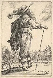 A gentleman, seen from behind, walking towards the right with a cane