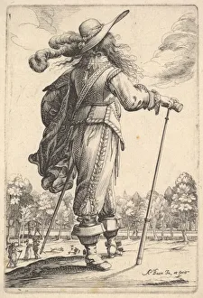 A gentleman, seen from behind, walking towards the right with a cane A gentleman, seen from behind, walking towards the right with a cane