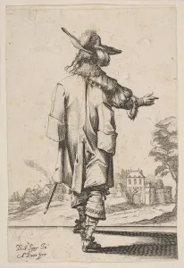 Pointing The Way Prints: Gentleman Seen from the Back Pointing towards a Chateau, 1629. Creator: Abraham Bosse