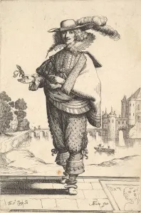 A gentleman standing in front of a large castle and wearing a plumed hat