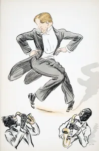 Excess Prints: Gentleman in tails and white tie dances to two musicians playing saxophone