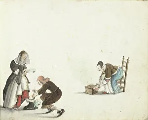 Geesie Ter Burch Prints: Gentleman ties a lady's shoe and a woman puts fire in a stove