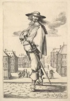 A gentleman, turned three-quarters to the left, wearing a hat and boots with spurs