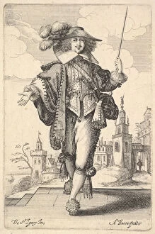 A gentleman walking forward, with his right arm outstretched and a whip in his left hand
