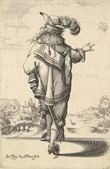 A gentleman wearing a plumed hat and carrying a sword, seen from behind