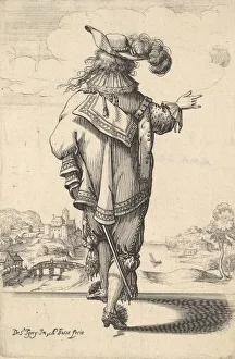 A gentleman wearing a plumed hat and carrying a sword, seen from behind A gentleman wearing a plumed hat and carrying a sword, seen from behind