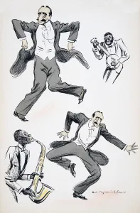 Gentleman in white tie and tails dancing while two musicians play saxophone and banjo Gentleman in white tie and tails dancing while two musicians play saxophone and banjo