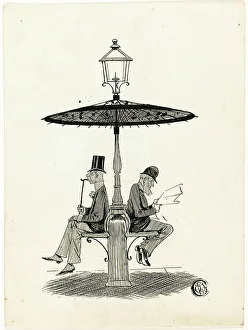 Profiles Prints: Two Gentlemen Seated Under Lamp Post with Japanese Umbrella