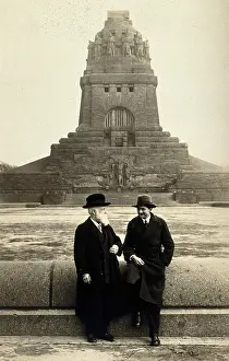 Loimology Prints: Georg Sticker and an unknown companion, in front of a war memorial (?). Creator: Unknown