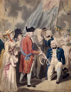 Admiral Earl Howe Collection: George III presenting a Sword to Admiral Earl Howe, c1794. Artist: Isaac Cruikshank