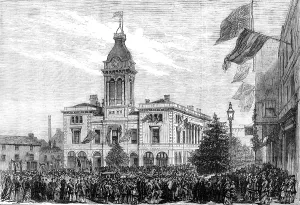 Centenary Prints: George Stephenson Centenary Festival: procession of benefit societies passing the Market-Hall