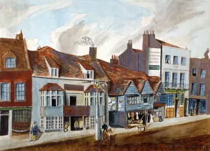 Newington Butts Prints: The George Tavern and shop fronts, Newington Butts, Southwark, London, c1825. Artist