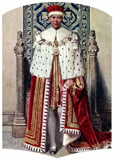 Ermine Collection: George VI in coronation robes: the Crimson Robe of State, with the Cap of Maintenance, 1937