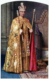 House Of Windsor Collection: George VI in coronation robes: the Golden Imperial mantle, with St Edwards crown