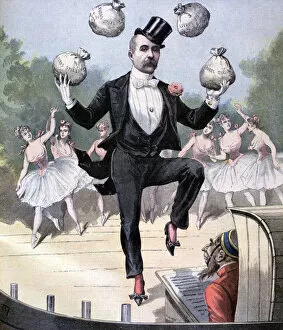 Corrupt Gallery: Georges Clemenceau juggling bags of English money, 1893. Artist: Henri Meyer