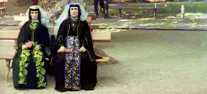 Headdresses Prints: Georgian women in holiday attire in the park of Borzhom