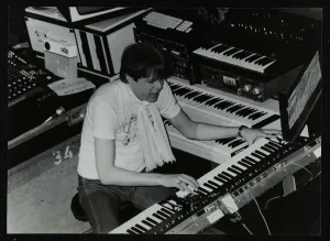 German electronic musician Klaus Schulze at the Forum Theatre, Hatfield, Hertfordshire, 1983