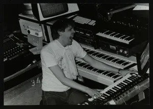 German electronic musician Klaus Schulze at the Forum Theatre, Hatfield, Hertfordshire, 1983