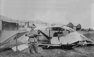 Guarding Prints: German guarding wrecked aeroplane, between 1914 and c1915. Creator: Bain News Service