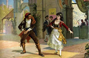Horizontal Prints: German Lithograph, 1900, drawing by Luigi Morgani with a scene from the opera Carmen