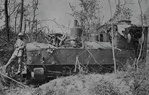 Guarding Prints: German locomotive in the Somme damaged by French shells