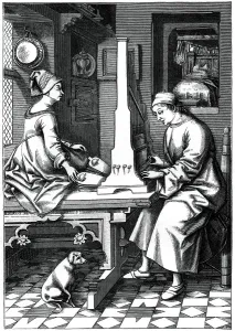 German musician executing a piece of music upon a portable organ, 15th century, (1870). Artist: Israel van Mecken