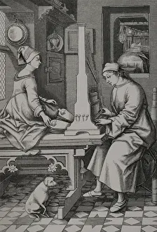 Style Prints: German musician executing a piece of music upon a portable organ