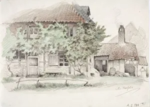 A German peasant half-timbered house with a tiled roof, 1850-1855. Creator: Karl Anders Ekman