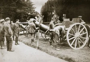 Field Gun Prints: German prisoners cleaning captured guns and trench mortars, France, World War I, 1916