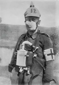 Gas Mask Prints: German Protection against gas bombs, between c1910 and c1915. Creator: Bain News Service