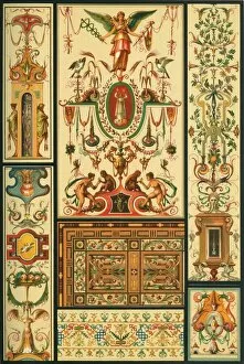 Chromolithograph Collection: German Renaissance ceiling and wall painting, wood mosaic and embroidery, (1898). Creator: Unknown