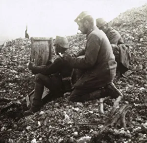 Signalling Prints: German signallers outside the Fortress of Vaux, Verdun, northern France, c1914-c1918