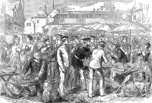 Market Place Prints: German soldiers marketing at Rheims, 1872. Creator: Unknown