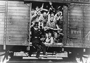 Jubilant Collection: German soldiers in a railway wagon, France, August 1940