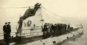 A German submarine surrenders to the British, First World War, 1918, (c1920). Creator: Unknown A German submarine surrenders to the British, First World War, 1918, (c1920). Creator: Unknown