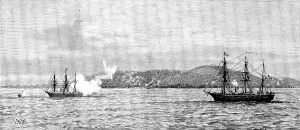 Indian Ocean Prints: The Germans in East Africa - the Corvette Carola shelling Kilwa Kivinje